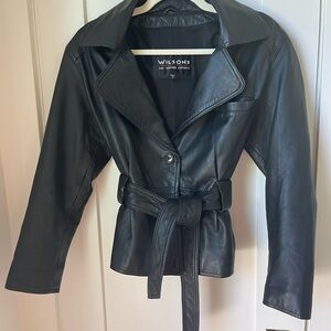 Wilson Black Leather Belted Jacket with Wide Lapel